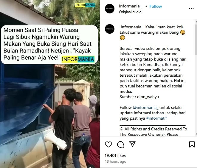 Cek Fakta perusakan rumah makan karena buka siang hari di bulan Ramadan (Instagram)