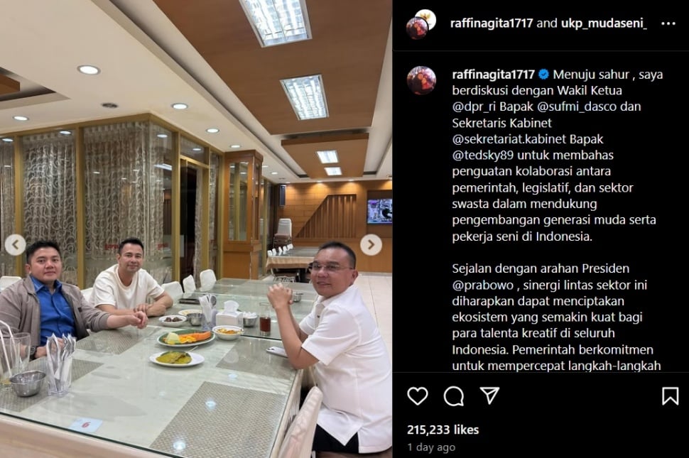 Raffi Ahmad bersama Mayor Teddy dan Sufmi Dasco Ahmad. (instagram/raffinagita1717)