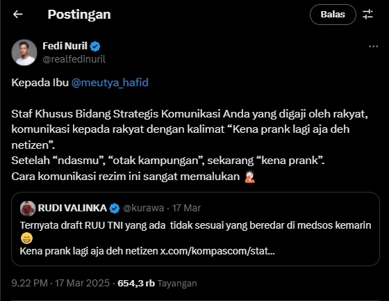 Fedi Nuril menganggap komunikasi pejabat sekarang buruk (X)