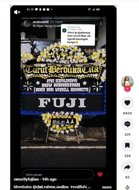 Karangan bunga dari Fuji untuk keluarga Verrell Bramasta (TikTok)