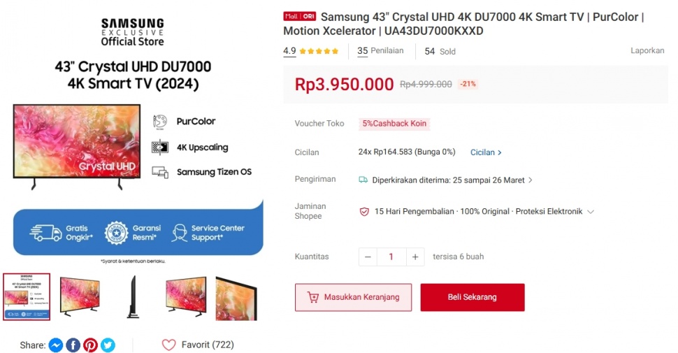 Harga smart tv Samsung 43 inci DU7000 makin murah. (Shopee)