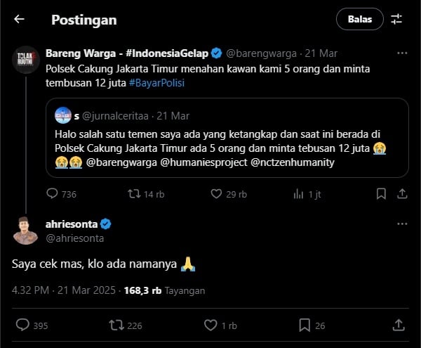 Cuitan Ajudan Prabowo Kombes Ahrie Sonta menanggapi kabar Polsek Cakung meminta uang tebusan kepada pihak keluarga terkait penangkapan terhadap lima orang. Uang tebusan itu disebut-sebut mencapai Rp5 juta untuk membebaskan satu orang yang ditangkap di polsek tersebut. (Tangkapan layar/X)