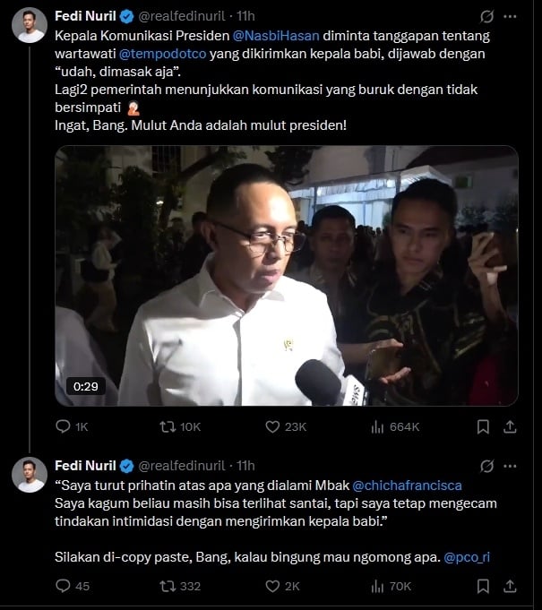 Fedi Nuril mengkritik jawaban Hasan Nasbi soal teror kepala babi ke Jurnalis Tempo. [X/@realfedinuril]