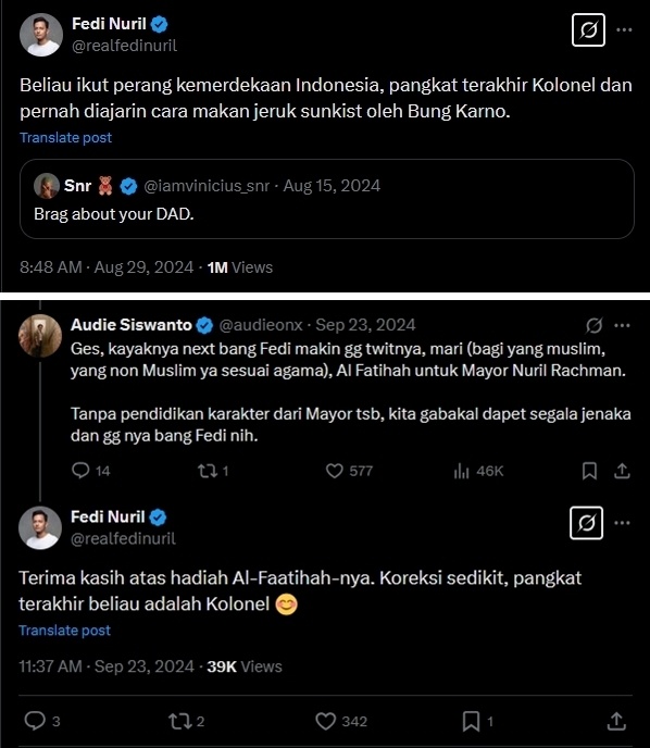 Fedi Nuril menceritakan tentang ayahnya yang kolonel. [X/@realfedinuril]