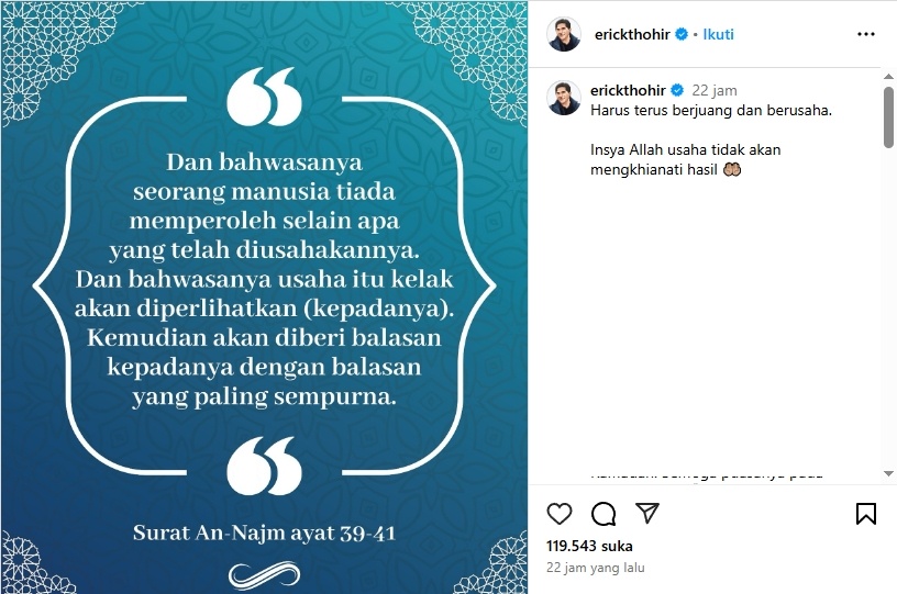 Postingan Erick Thohir setelah Timnas Indonesia kalah melawan Australia. (Instagram)