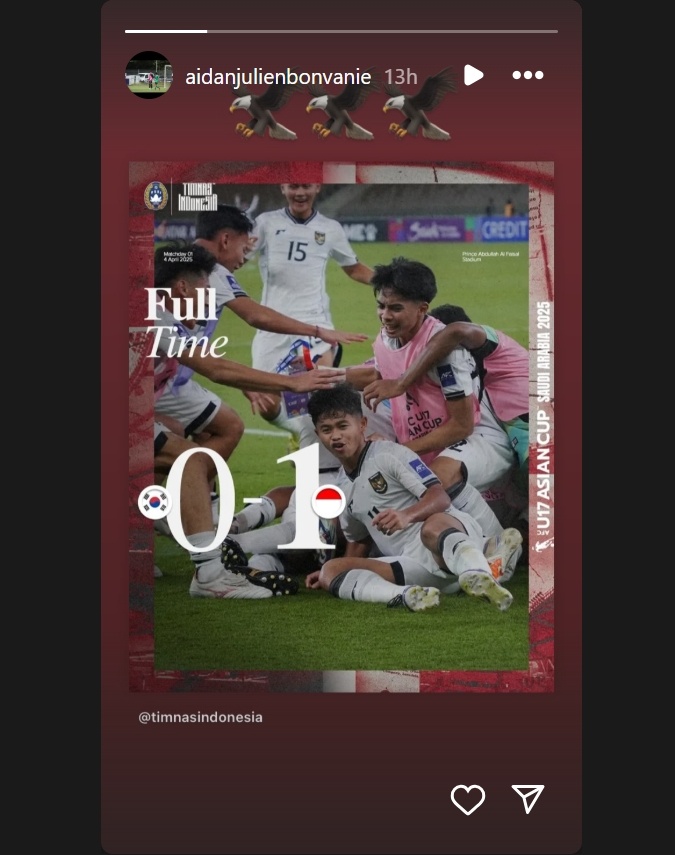 Pemain keturunan, Aidan Julien Bonvanie ikut bangga dengan keberhasilan timnas Indonesia U-17 yang mengalahkan Korea Selatan dengan skor tipis 1-0 melawan Korea Selatan dalam ajang Piala Asia U-17 2025, Jumat (4/4/2025) di Arab Saudi. (Instagram/@aidanjulienbonvanie)