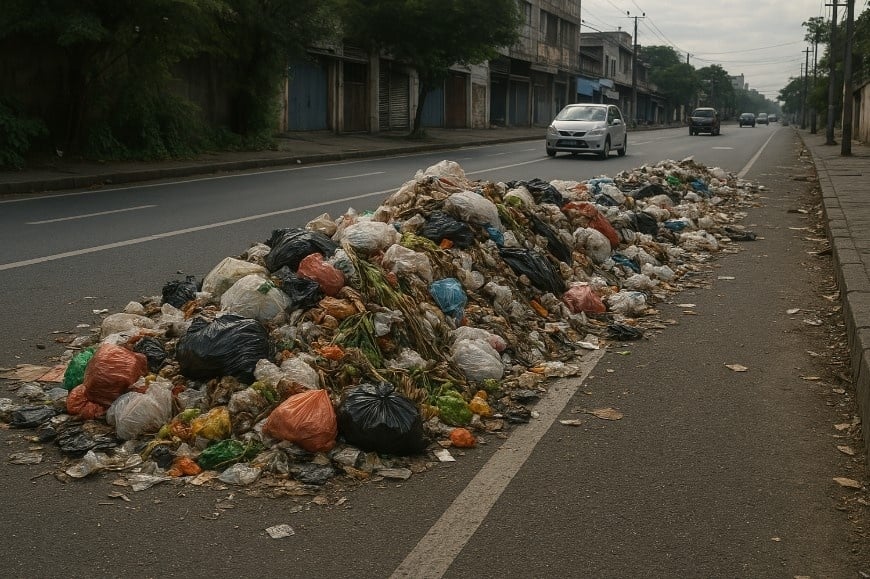 Ilustrasi ChatGPT sampah menumpuk di jalan raya akibat pengelolaan dan perilaku warga yang buruk [Suara.com/Muhammad Yunus]