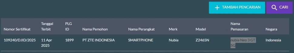 Nubia Neo 3 GT 5G lolos sertifikasi di Indonesia. (SDPPI)