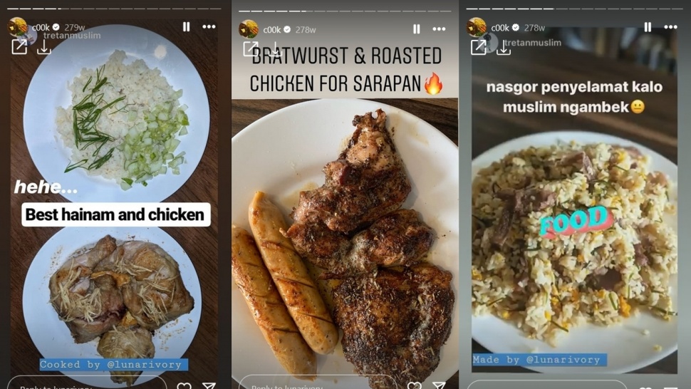 Nasi hainam, sosis dan ayam panggang, serta nasi goreng buatan Rynda Rezky istri Tretan Muslim. [Instagram/@lunarivory]