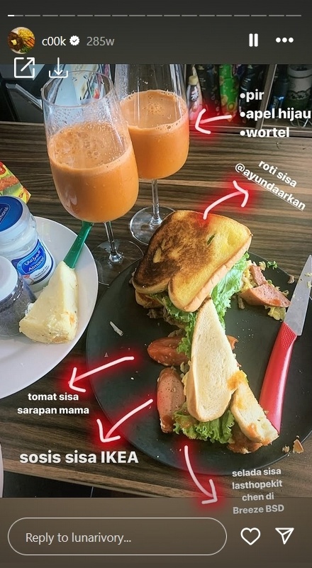 Sandwich dan jus buatan Rynda Rezky istri Tretan Muslim. [Instagram/@lunarivory]