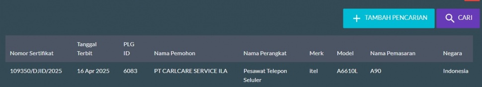Itel A90 lolos sertifikasi. (SDPPI)