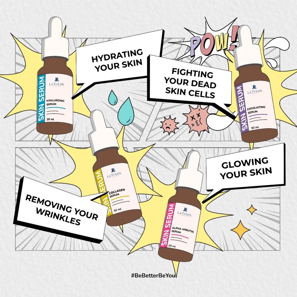 Aneka serum La Tulipe, termasuk La Tulipe Exfoliating Serum untuk membantu membersihkan wajah sampai pori-pori. [Instagram/@latulipecosmetiques_]