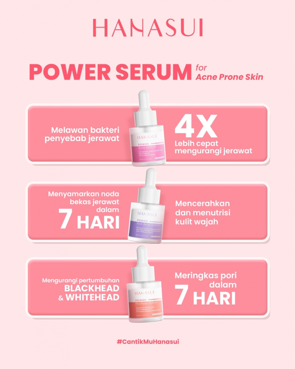Aneka serum Hanasui untuk acne prone skin atau kulit berjerawat, salah satunya Hanasui Power MiniPore Serum (paling bawah). [Instagram/@officialhanasui]