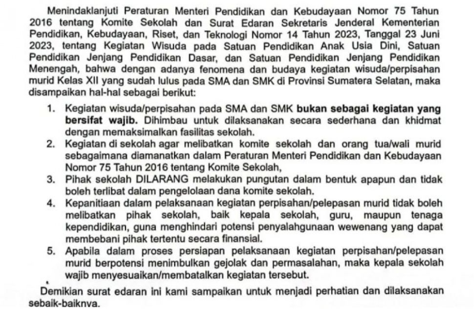 Edaran mengenai wisuda sekolah di Sumatera Selatan