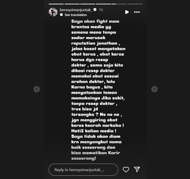 Postingan Benny Simanjuntak di Instagram Story (Instagram)