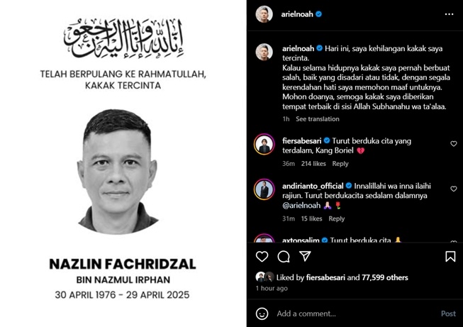 Kakak Ariel NOAH meninggal dunia hari ini, 29 April 2025 (Instagram)
