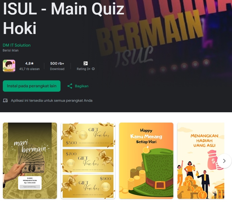 Isul Main Kuis Hoki, salah satu game penghasil uang di Android. (Play Store)