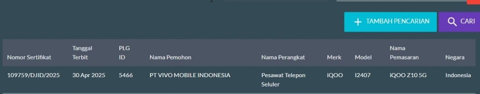 iQOO Z10 5G lolos sertifikasi di Indonesia. (SDPPI)