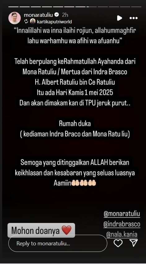 Ayah Mona Ratuliu meninggal dunia [Instagram]