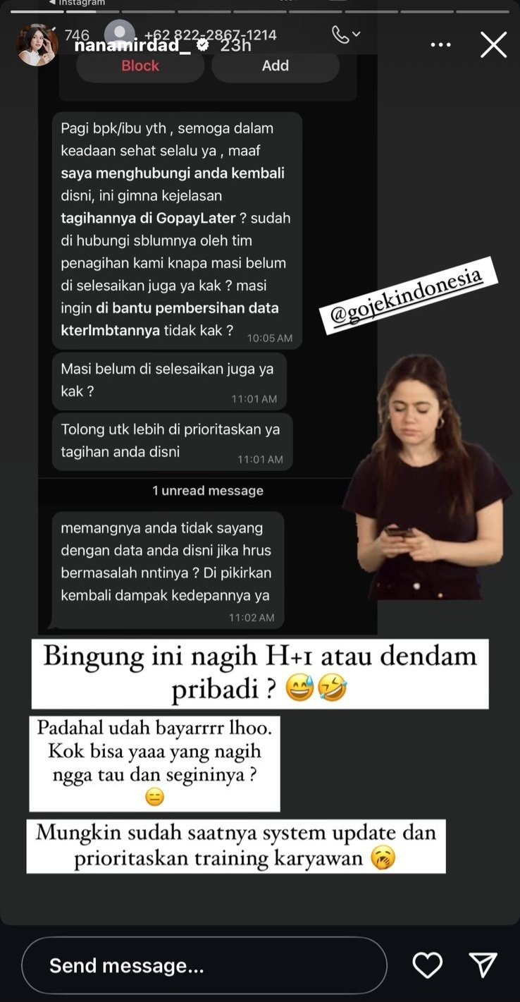 Nana Mirdad curhat soal masalahnya dengan salah satu aplikasi paylater. [instagram]