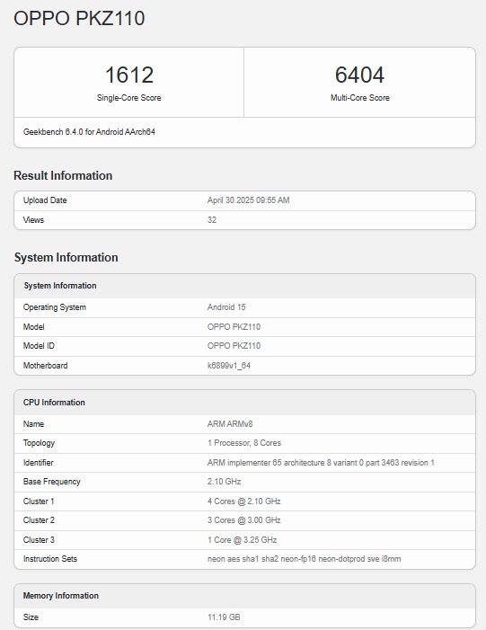 Oppo Reno 14 muncul di platform benchmark. (Geekbench)