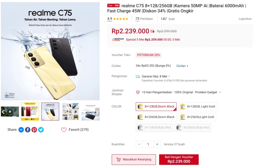 Update harga Realme C75 4G. (Shopee)