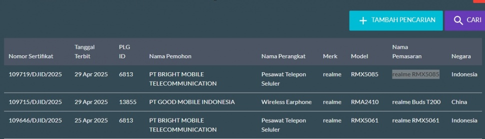 Realme GT 7 series lolos sertifikasi di Indonesia. (SDPPI)