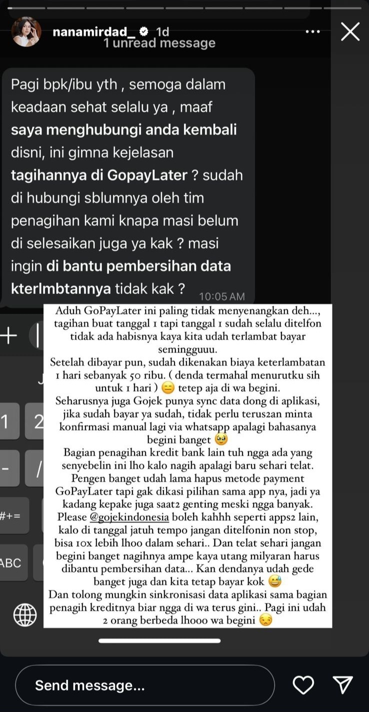 Nana Mirdad curhat soal masalahnya dengan salah satu aplikasi paylater. [instagram]