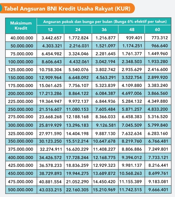 tabel angsuran KUR BNI. [BNI]