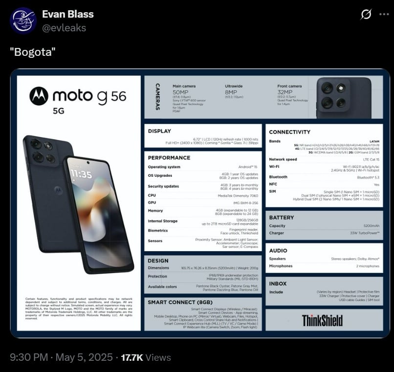 Bocoran spesifikasi Motorola Moto G56. (X @evleaks)