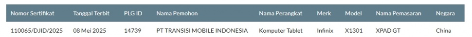 Infinix XPad GT lolos sertifikasi di Indonesia. (SDPPI)