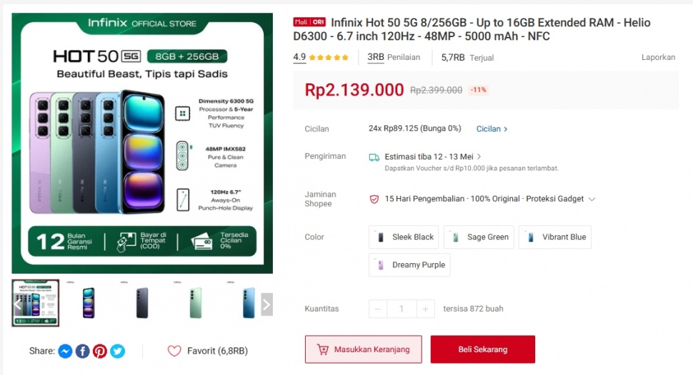 Harga Infinix Hot 50 5G semakin murah. (Shopee)