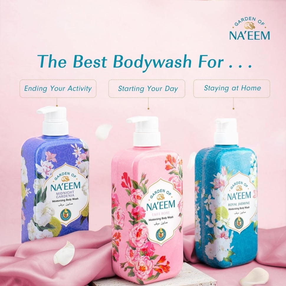 3 varian Garden of Na'eem Moisturizing Body Wash: Midnight Gardenia, Taifi Rose, dan Royal Jasmine (dari kiri ke kanan). [Instagram/@gardenofnaeem]