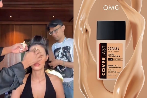 Patricia Gouw dirias memakai produk OMG Coverlast Liquid Foundation untuk kondangan Luna Maya dan Maxime Bouttier (TikTok; Instagram/@itsomgbeauty)