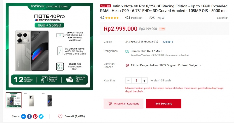 Harga Infinix Note 40 Pro 4G makin murah pada Mei 2025. (Shopee)
