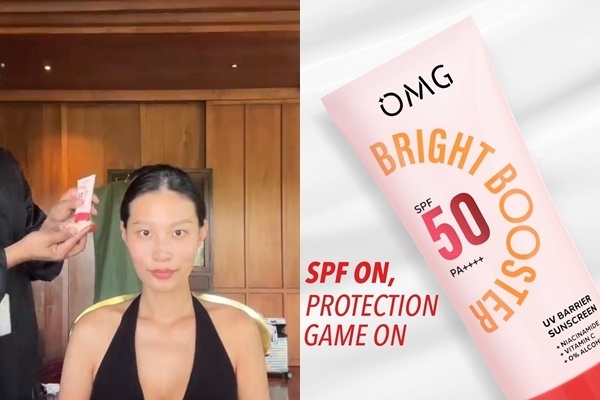 Patricia Gouw memakai produk OMG Bright Booster UV Barrier Sunscreen saat dirias Bubah Alfian untuk kondangan Luna Maya dan Maxime Bouttier (TikTok; Instagram/@itsomgbeauty)