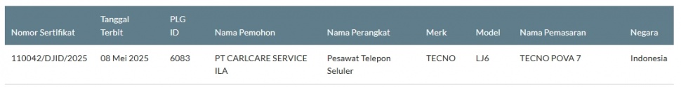 Tecno Pova 7 lolos sertifikasi di Indonesia. (SDPPI)