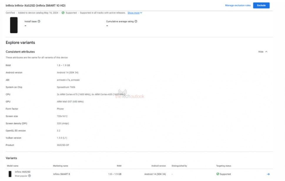 Infinix Smart 10 HD muncul di Google Play Console. (TheTechOutlook)
