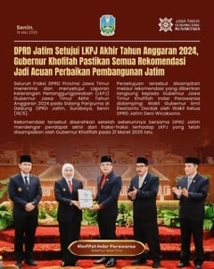 Seluruh Fraksi DPRD Provinsi Jawa Timur menerima dan menyetujui Laporan Keterangan Pertanggungjawaban (LKPJ) Gubernur Jawa Timur Akhir Tahun Anggaran 2024 pada Sidang Paripurna di Gedung DPRD Jatim, Surabaya, Senin (19/5/2025) (Dok: Pemprov Jatim)
