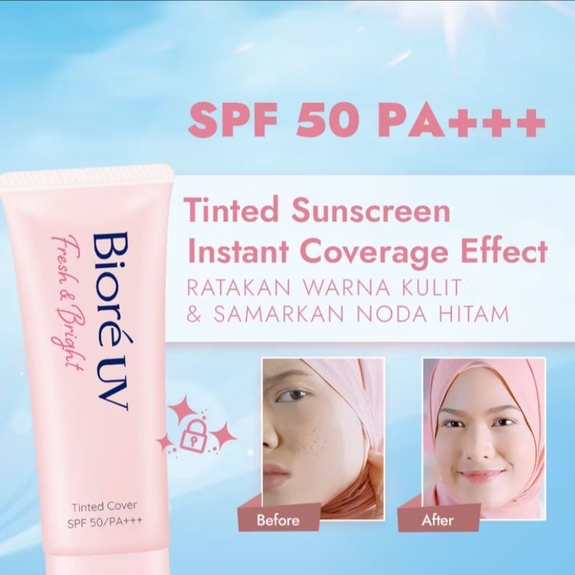 Biore UV Fresh & Bright Tinted Cover Skin Care Sunscreen Sun Screen Sunblock Cream SPF 50 PA+++ (Shopee/Kao Official Shop)
