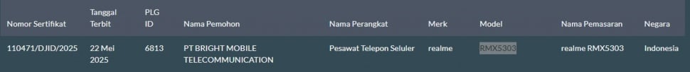 HP murah Realme C71 lolos sertifikasi di Indonesia. (SDPPI)