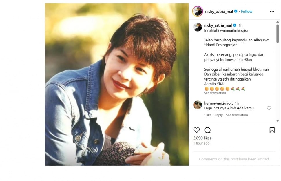 Nicky Astria kabarkan Irianti Erningpraja meninggal.