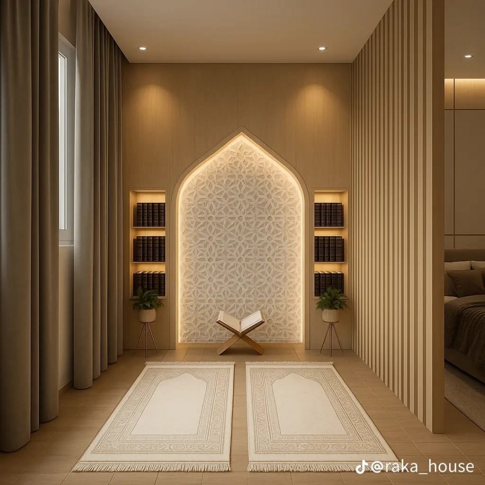 Musala minimalis di pojok rumah dengan lantai putih bersih dan ventilasi baik. [TikTok/Raka House]