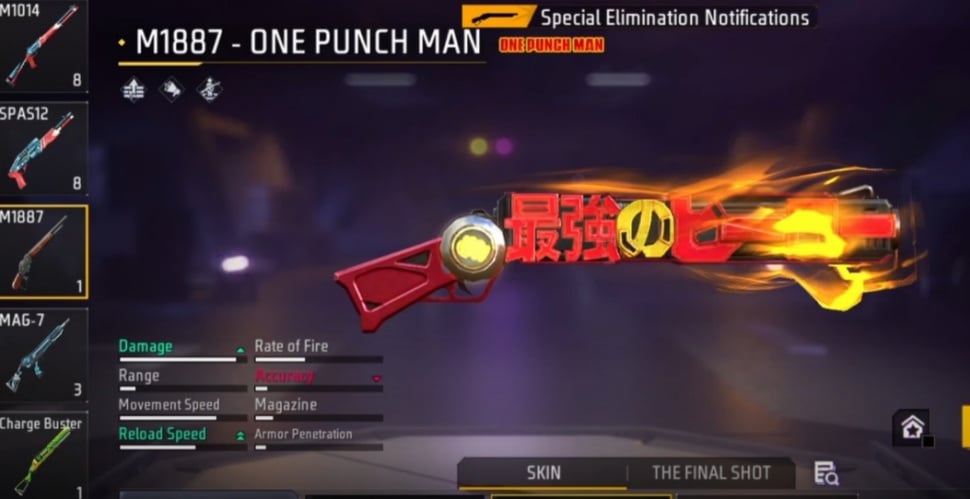 Ilustrasi skin M1887 One Punch Man di Free Fire. (ist)
