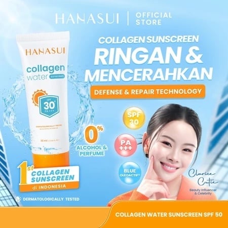 Hanasui Collagen Water Sunscreen SPF 30, rekomendasi sunscreen yang mengandung kolagen (Shopee/Hanasui Official Shop)