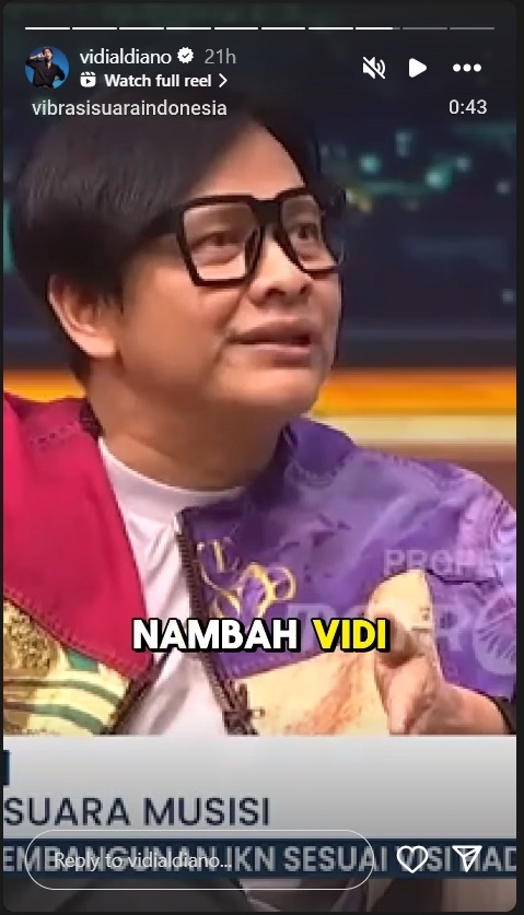 Vidi Aldiano membagikan unggahan VISI soal royalti lagu. [Instagram/@vidialdiano]