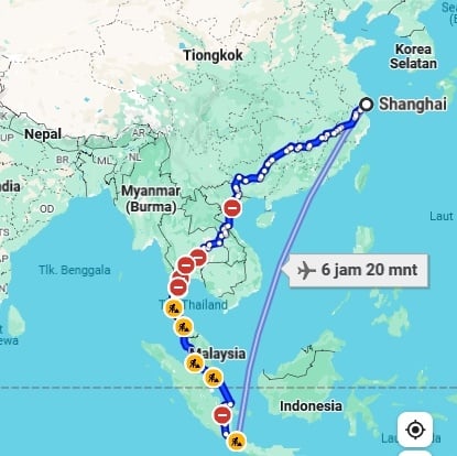 Usai Jalani Latihan Berat, Pemain China Hari Ini Lalui 6945 Km ke Jakarta [Tangkap layar Google Map]