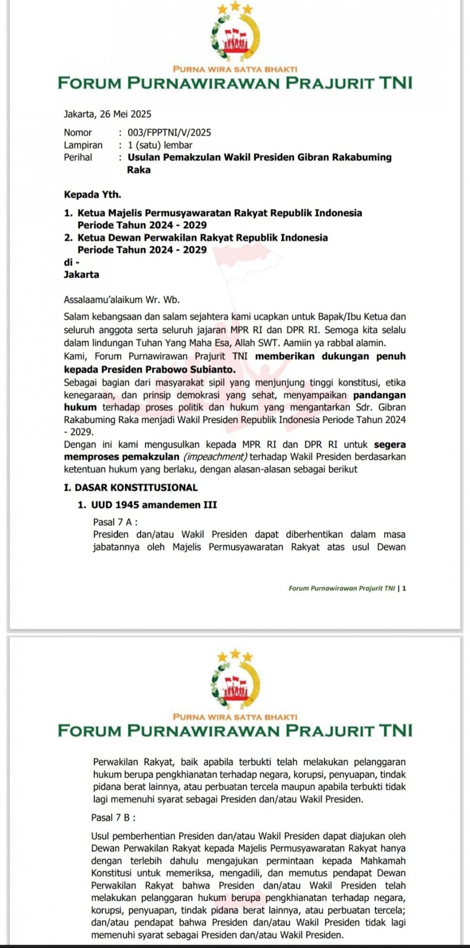 Forum Purnawirawan Prajurit TNI kembali mengusulkan Gibran Rakabuming Raka untuk dimakzulkan sebagai Wakil Presiden RI. Mereka mengajukan surat kepada DPR, DPD dan MPR RI agar mempertimbangkan usulan tersebut. (Ist)
