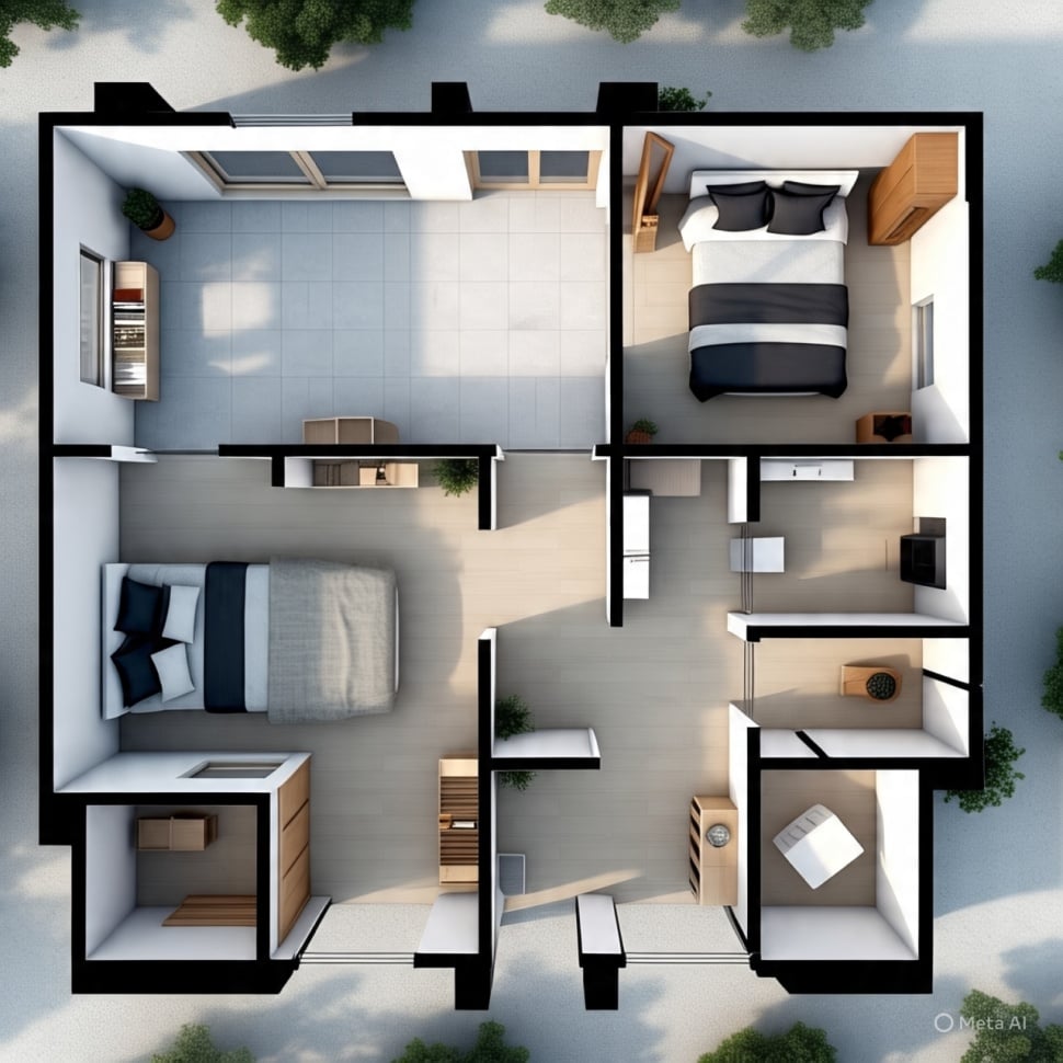 Ilustrasi desain rumah minimalis satu lantai. [AI]