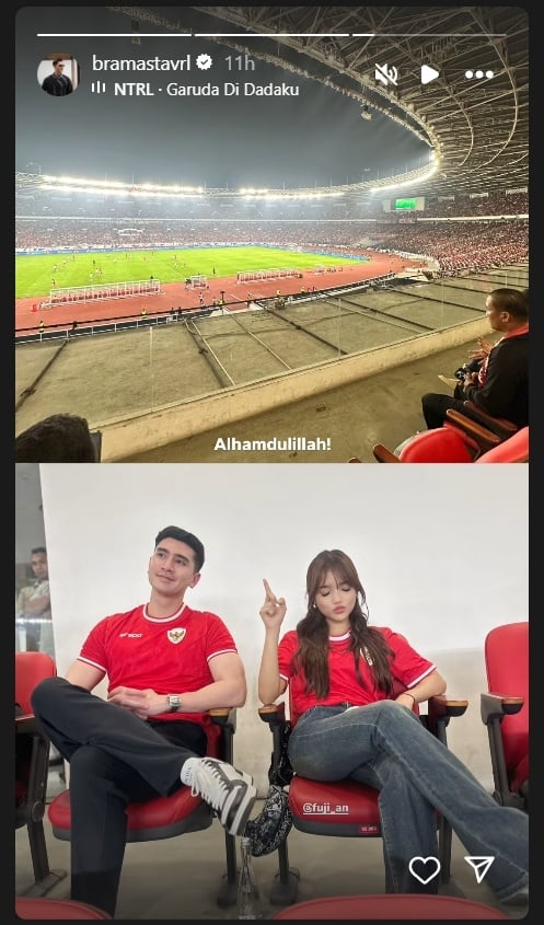 Verrell Bramasta dan Fujianti Utami alias Fuji kedapatan menonton pertandingan Timnas Indonesia melawan China di Stadion Utama Gelora Bung Karno (SUGBK) pada Kamis, 5 Juni 2025 malam,. [Instagram/@bramastavrl]